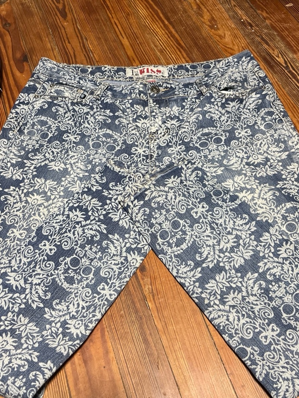 1st Kiss Blue Denim Jeans with White Floral Scroll Print